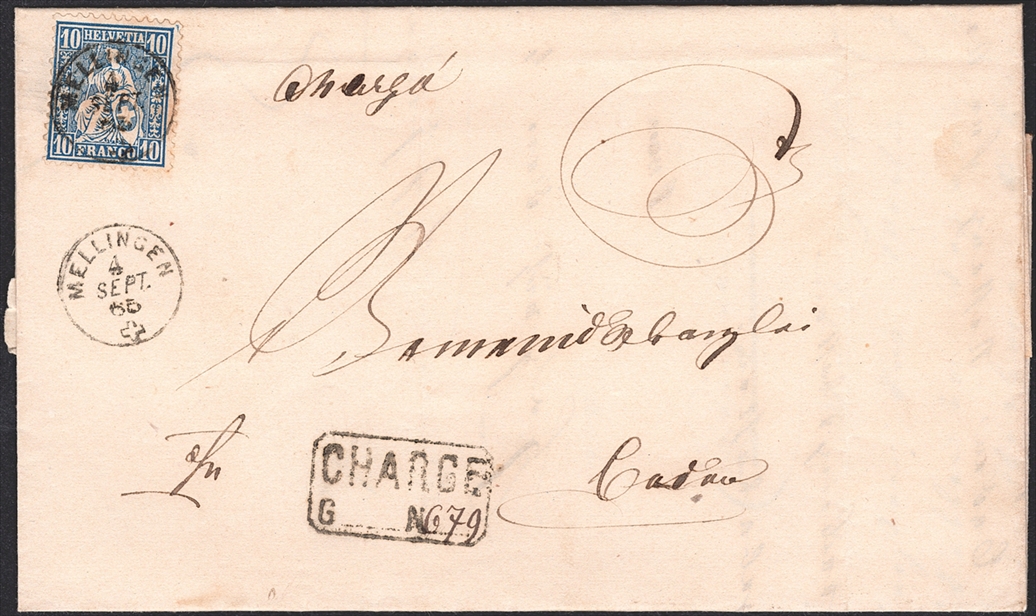 Schweiz, Abstempelungen, Kanton Aargau, Fingerhutstempel Gr.104, MELLINGEN/CHARGE,Nr.31 auf Faltbrief nach Baden