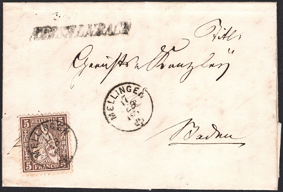 Schweiz, Abstempelungen, Kanton Aargau, Fingerhutstempel Gr.104, MELLINGEN/NESSELNBACG Gr.40, Nr.30 auf Faltbrief nach Baden