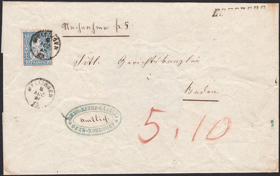 Schweiz, Abstempelungen, Kanton Aargau, Fingerhutstempel Gr.104, MELLINGEN/ROHRDORF Gr.40, Nr.31 auf Nachnahme nach Baden