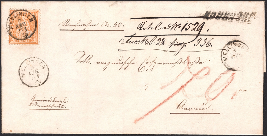 Schweiz, Abstempelungen, Kanton Aargau, Fingerhutstempel Gr.104, MELLINGEN/ROHRDORF Gr.40, Nr.32 auf Nachnahme nach Baden