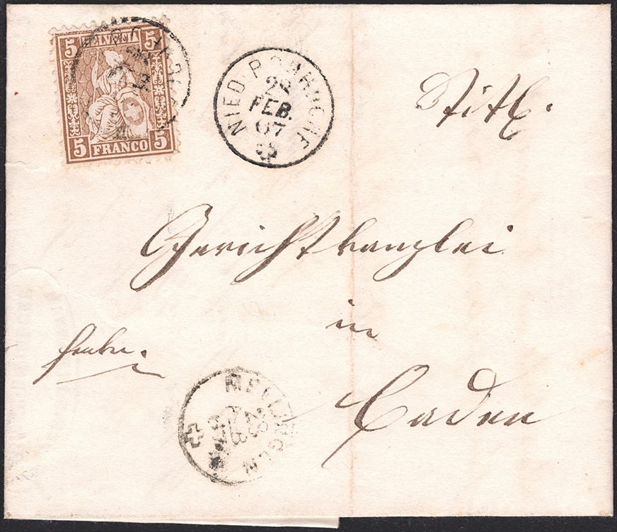 Schweiz, Abstempelungen, Kanton Aargau, Fingerhutstempel Gr.104, NIED.ROHRDORF/MELLINGEN, Nr.30 auf Faltbrief nach Baden