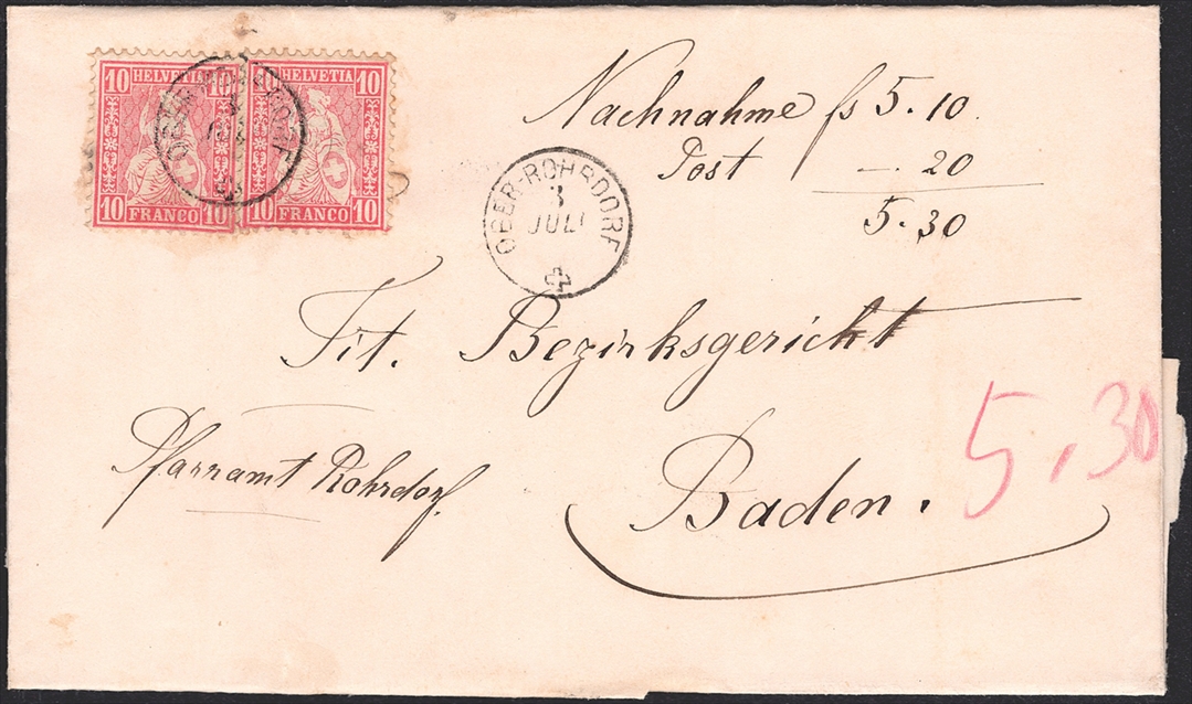Schweiz, Abstempelungen, Kanton Aargau, Fingerhutstempel Gr.104, OBER-ROHRDORF, Nr.38 auf Nachnahme nach Baden