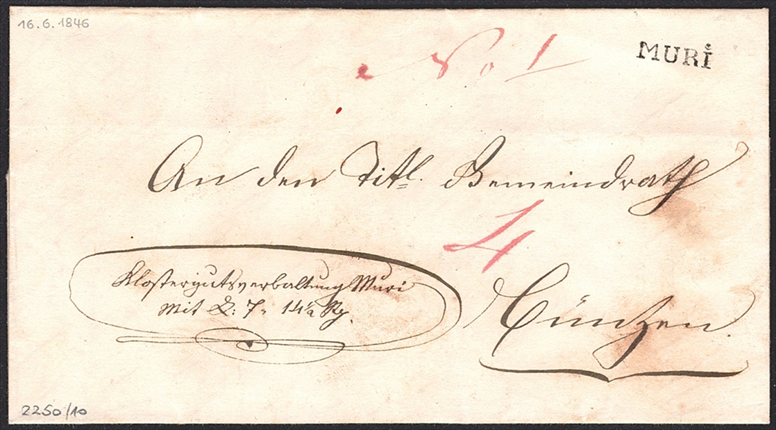 Schweiz, Abstempelungen, Kanton Aargau, MURI, Wi.2250, Wertbrief nach Künten