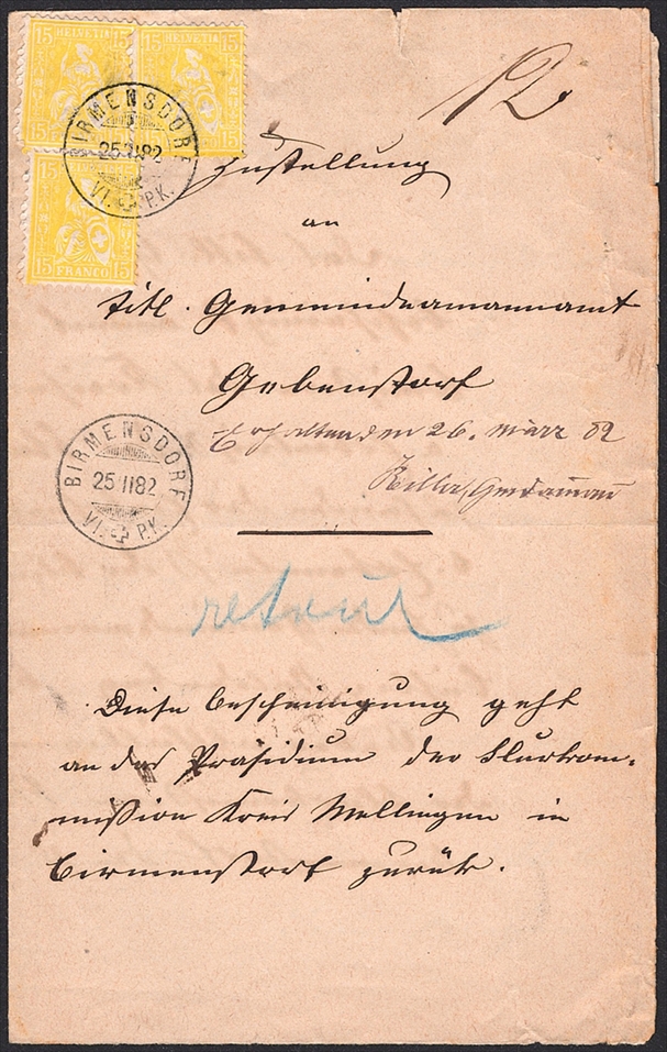 Schweiz, Abstempelungen, Kanton Aargau, Sitzende Helvetia, BIRMENSDORF VI P.K., auf Dokument nach Gebenstorf