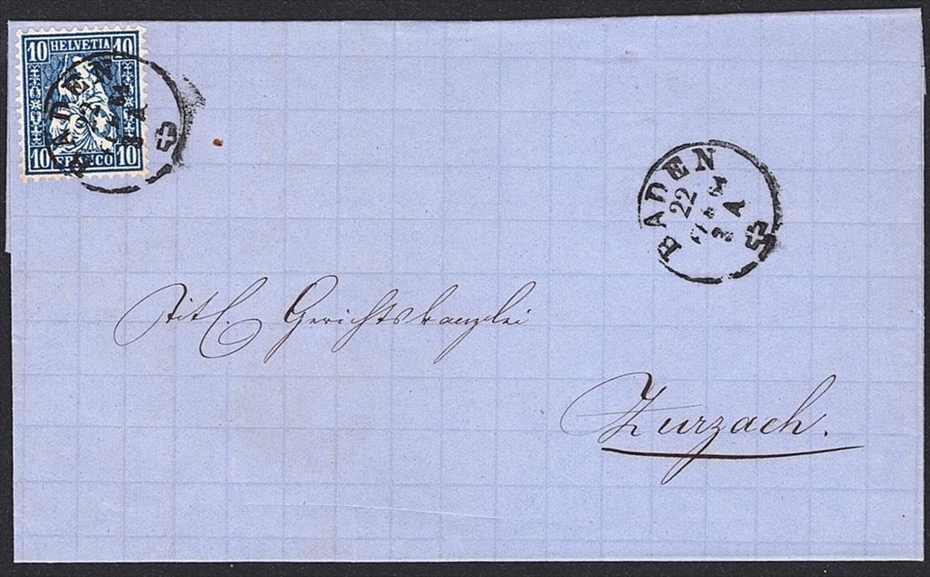 Schweiz, Abstempelungen, Kanton Aargau, Sitzende Helvetia, Nr.31, BADEN, auf Faltbrief nach Zurzach