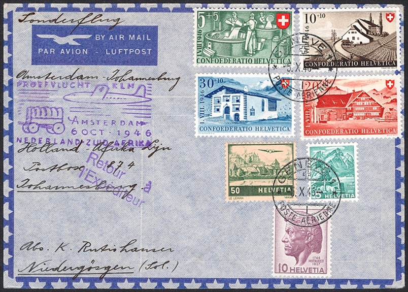 Schweiz, Erstflüge, Amsterdam-Johannesburg, retournierter Beleg, FF 46.3