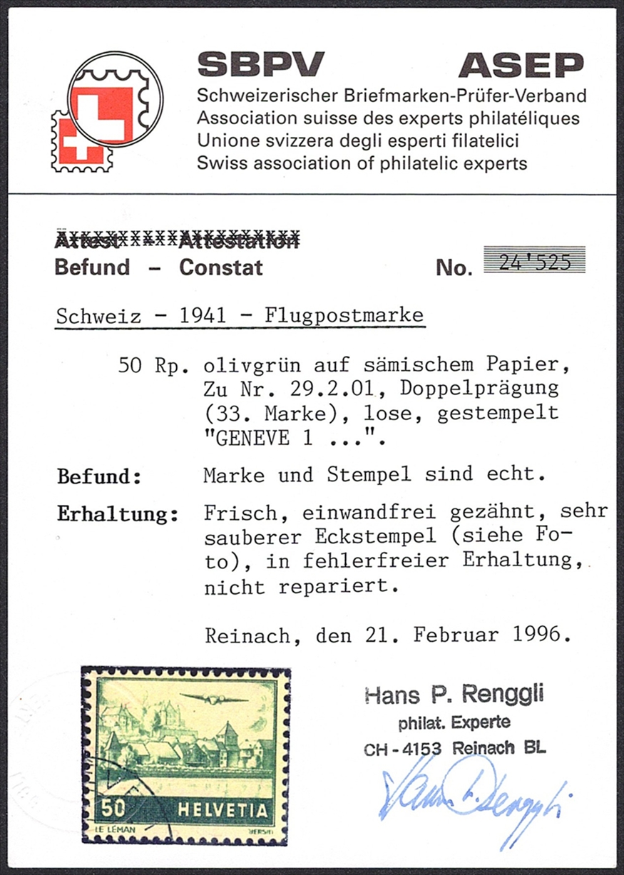 Schweiz, Flugpost, Abarten, Nr.29.2.01, Doppelprägung, Eckstempel, SBPV Attest Renggli 1996 – Bild 2