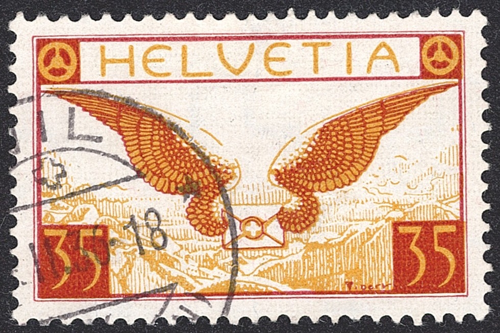 Schweiz, Flugpost, Flugbrief, Nr.14z, geriffeltes Papier, Eckstempel