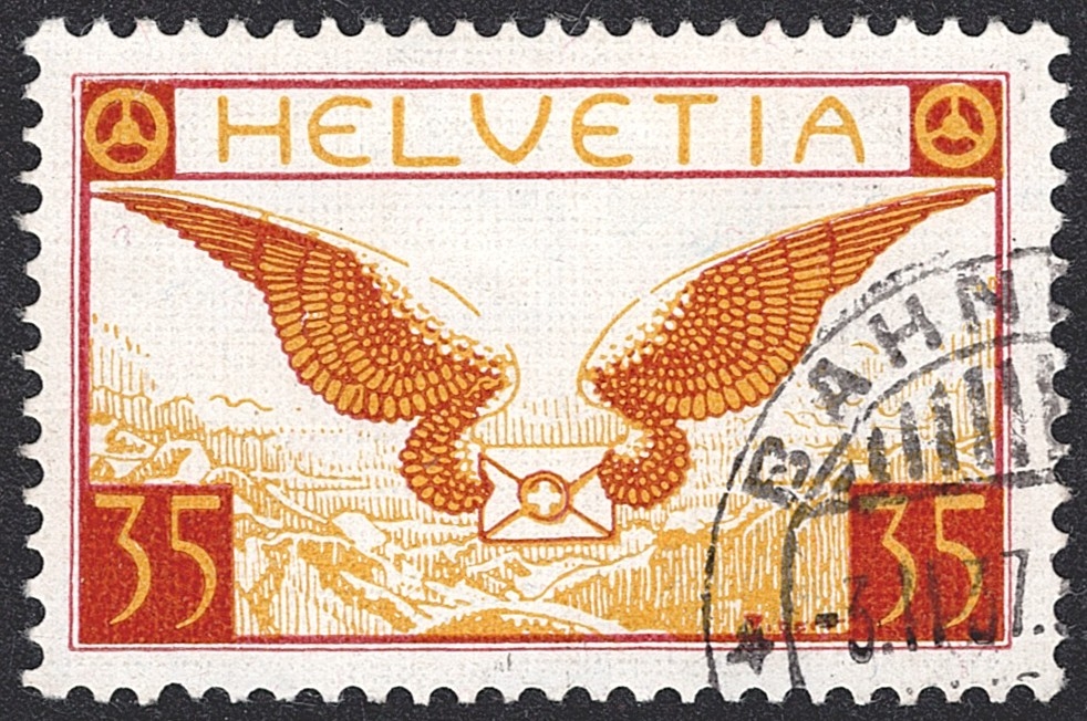 Schweiz, Flugpost, Flugbrief, Nr.14z, geriffeltes Papier, Eckstempel