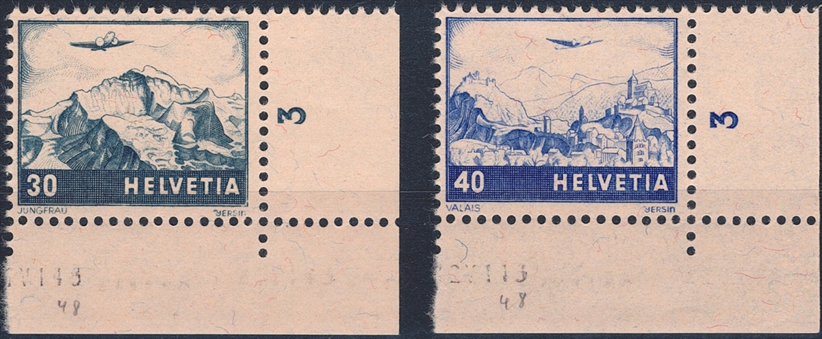 Schweiz, Flugpost, Nr.43-44, Farbänderung, Bogenecken