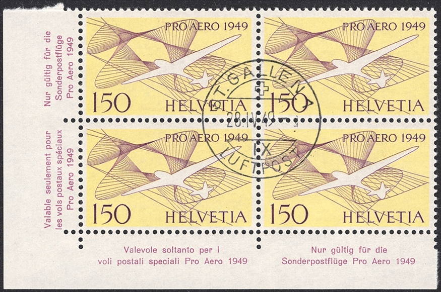Schweiz, Flugpost, Nr.45, Pro Aero, im Viererblock, Bogenecke, ST.GALLEN