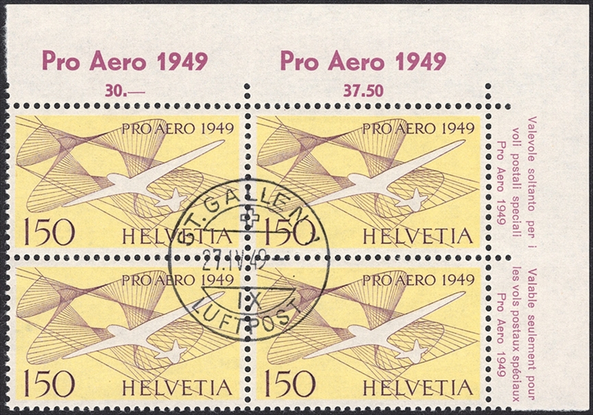 Schweiz, Flugpost, Nr.45, Pro Aero, im Viererblock, Bogenecke, ST.GALLEN