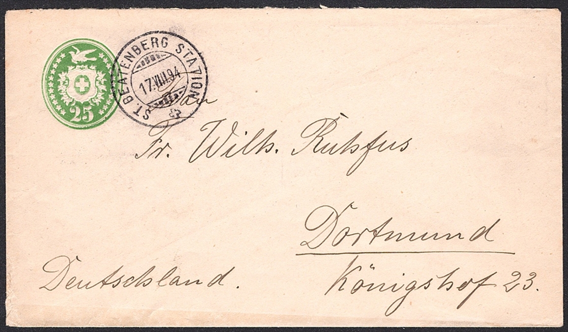 Schweiz, Ganzsachen, Tübelibrief, BU 028, 25Rp.grün, nach Dortmund, ST.BEATENBERG STATION