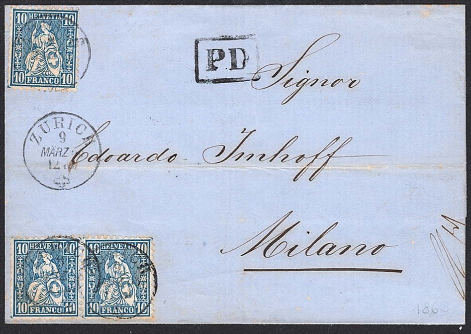 Schweiz, Sitzende Helvetia, Nr.31, 10Rp.blau, mit Schere geschnitten, 3-fach Frankatur nach Mailand, ZÜRICH/PD