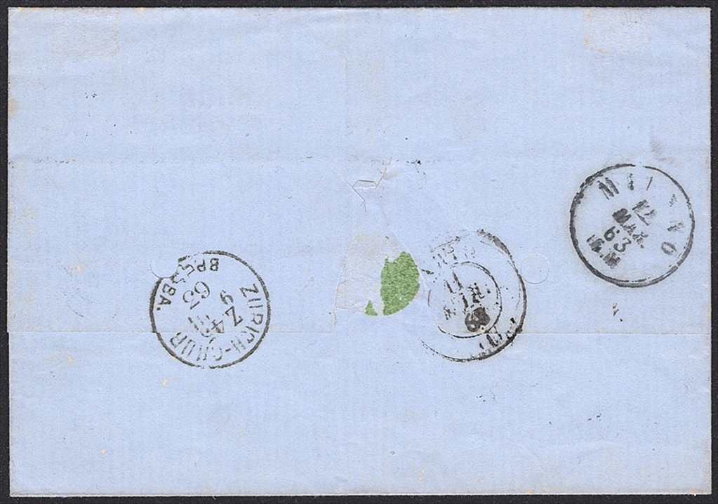 Schweiz, Sitzende Helvetia, Nr.31, 10Rp.blau, mit Schere geschnitten, 3-fach Frankatur nach Mailand, ZÜRICH/PD – Bild 2