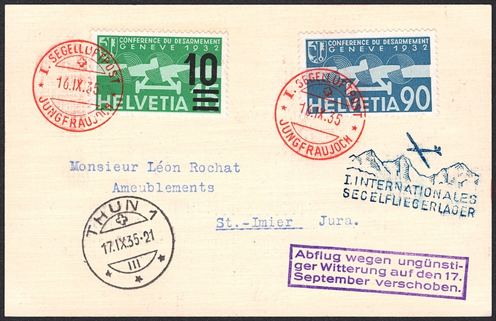 Schweiz, Sonderflüge, 1.Segelluftpost, bis Thun, portogerechte Karte mit guter Frankatur, SF 35.5f