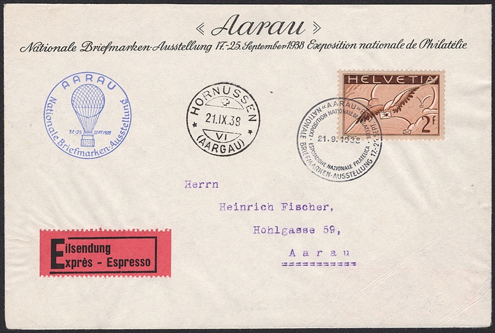 Schweiz, Sonderflüge, Ballonpost Aarau-Hornussen, Express-Brief, SF 38.2a