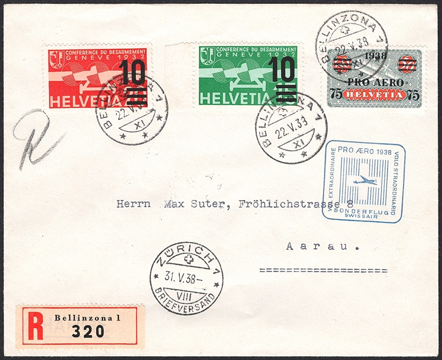 Schweiz, Sonderflüge, Pro Aero, Bellinzona-Zürich, portogerechter R-Brief, 38.1n