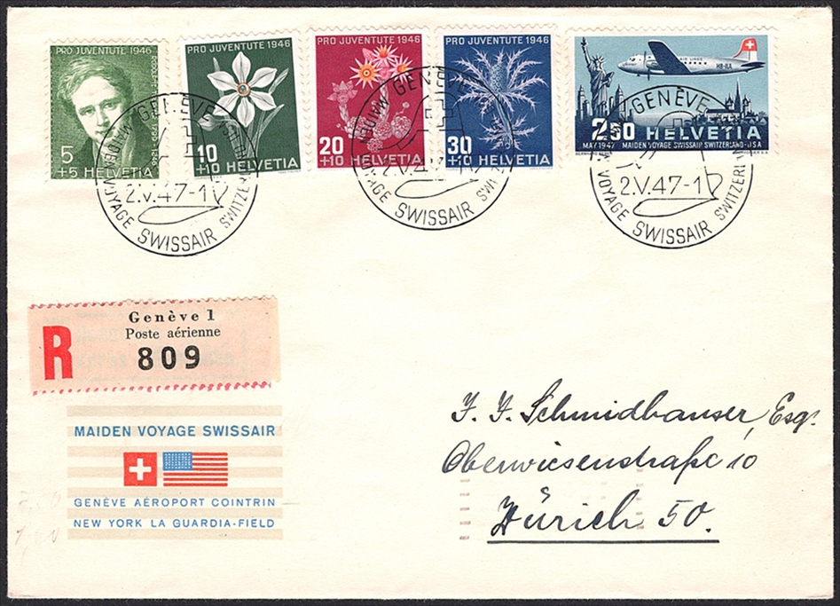 Schweiz, Sonderflüge, Pro Aero, Genf-Washington, SF 47.5b, R-Brief mit kompletter Serie Pro Juventute, SF 47.5b