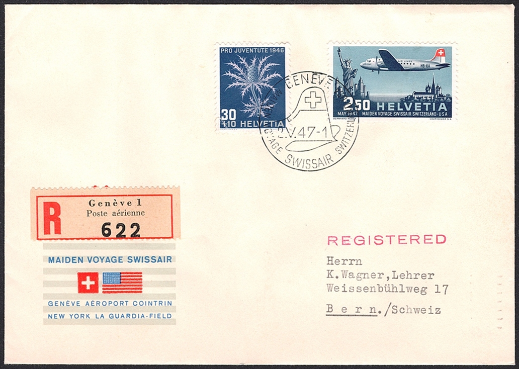 Schweiz, Sonderflüge, Pro Aero, Genf-Washington, SF 47.5b, portogerechter R-Brief, SF 47.5b