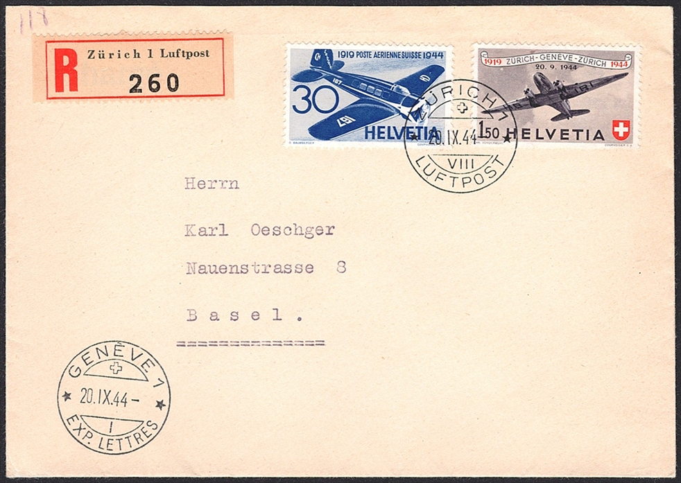 Schweiz, Sonderflüge, Pro Aero, Zürich-Genf, R-Brief, 44.1c