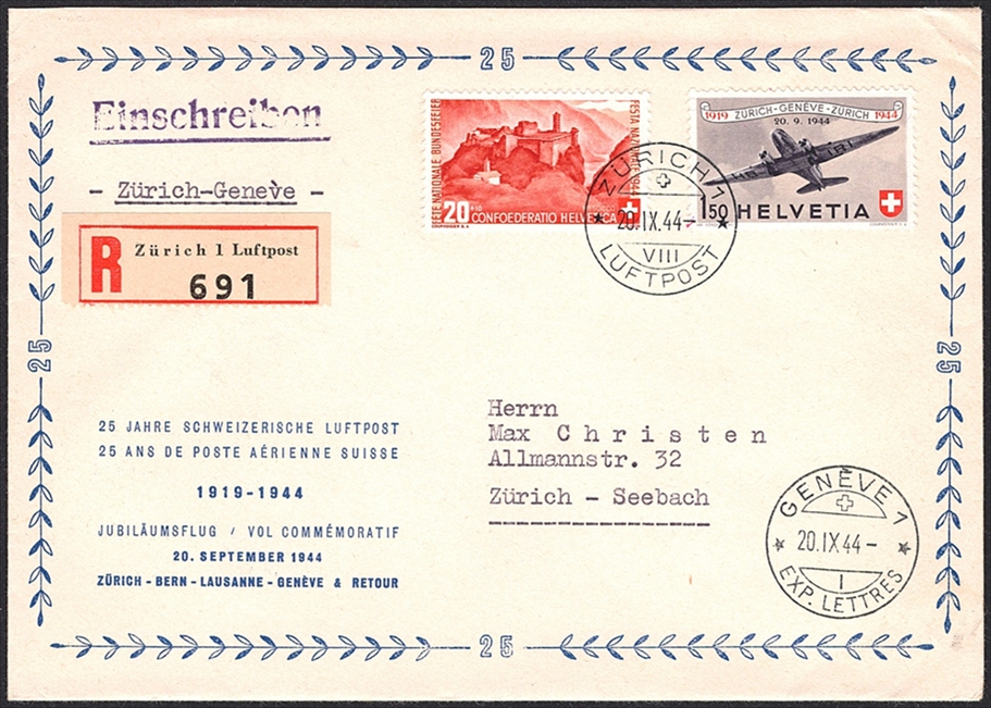 Schweiz, Sonderflüge, Pro Aero, Zürich-Genf, portogerechter R-Brief, 44.1c