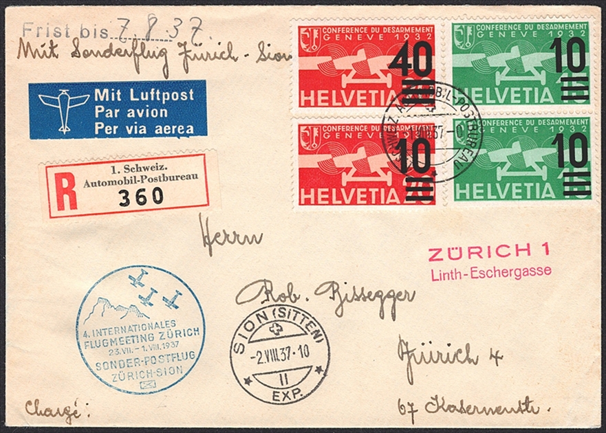 Schweiz, Sonderflüge, Pro Aero, Zürich-Sion, R-Brief, Linth-Eschergasse, 37.3