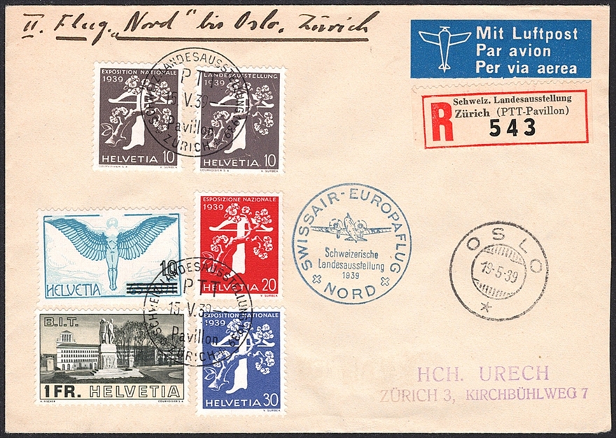 Schweiz, Sonderflüge, Swissair-Europaflug Nord, bis Oslo, SF 39.4g, R-Brief
