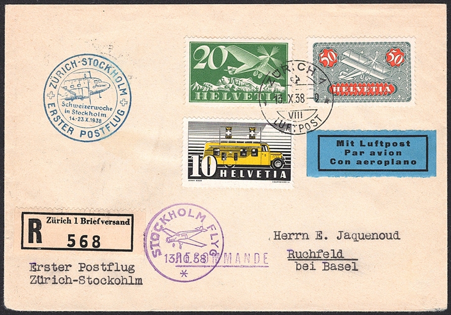Schweiz, Sonderflüge, Zürich-Stockholm, portogerechter R-Brief, SF 38.4a