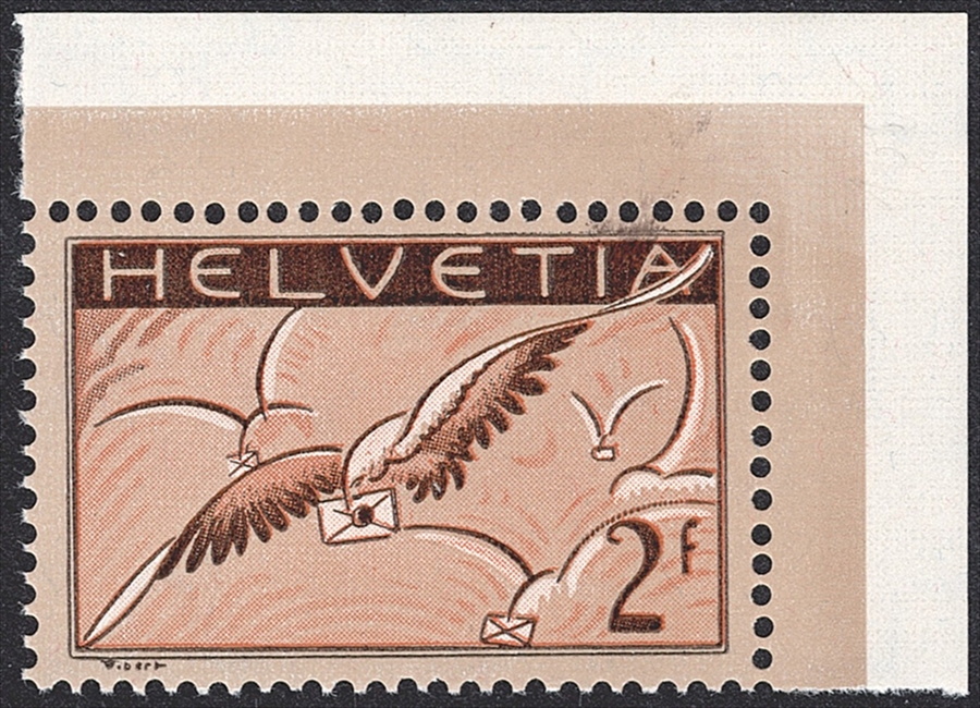 Schweiz,Flugpost, Nr.13z, Brieftaube, geriffeltes Papier, Bogeneckrandstück