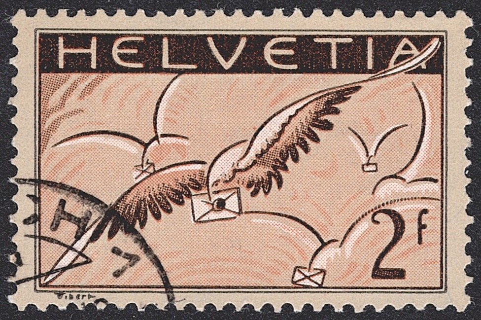 Schweiz,Flugpost, Nr.13z, Brieftaube, geriffeltes Papier, Eckstempel