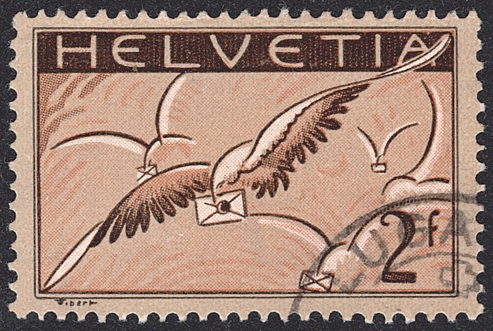 Schweiz,Flugpost, Nr.13z, Brieftaube, geriffeltes Papier, Eckstempel
