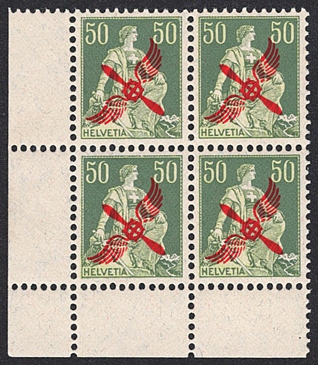 Schweiz,Flugpost, Nr.2, 50Rp., roter Propeller-Aufdruck, im Viererblock, Bogenecke