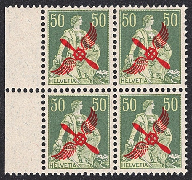 Schweiz,Flugpost, Nr.2, 50Rp., roter Propeller-Aufdruck, im Viererblock, linker Bogenrand