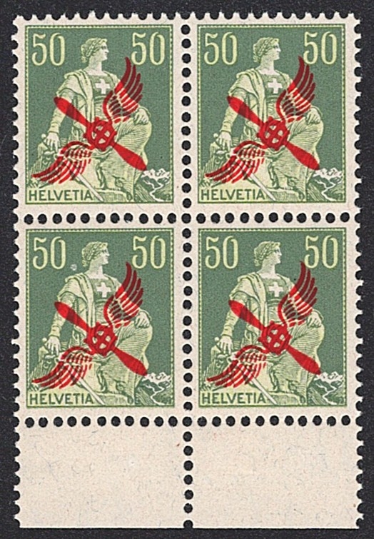 Schweiz,Flugpost, Nr.2, 50Rp., roter Propeller-Aufdruck, im Viererblock, unterer Bogenrand