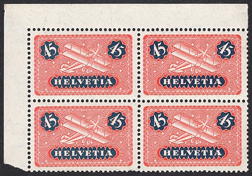 Schweiz,Flugpost, Nr.8, Flugzeug, im Viererblock, Bogenecke