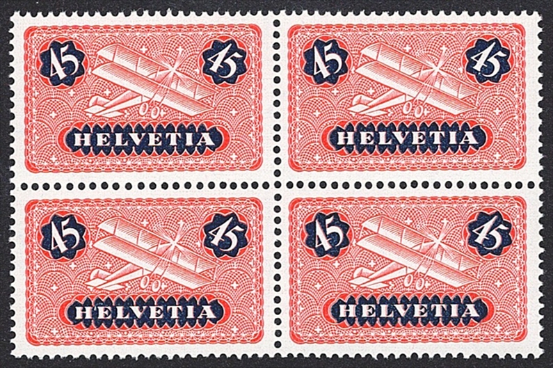 Schweiz,Flugpost, Nr.8z, Flugzeug, geriffeltes Papier, im Viererblock