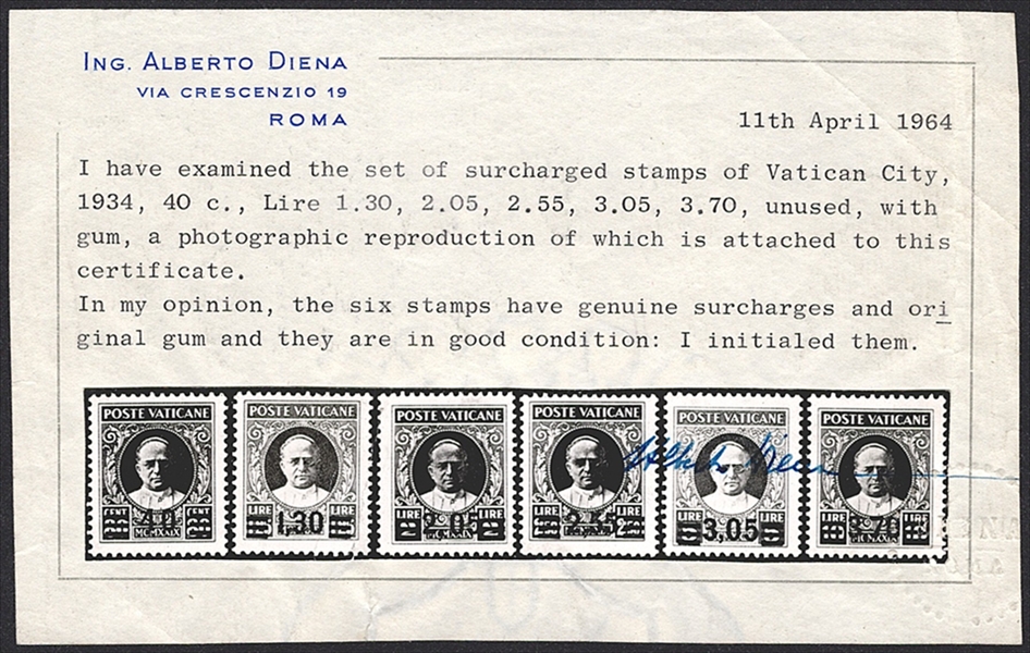 Vatikan 1934 Provisorien Nr. 39 bis 44 postfrisch * Attest Diena – Bild 3