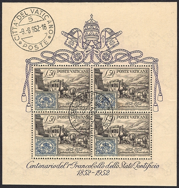 Vatikan, 1952, Bl.1, 100 Jahre Briefmarken Kirchenstaat, gestempelt
