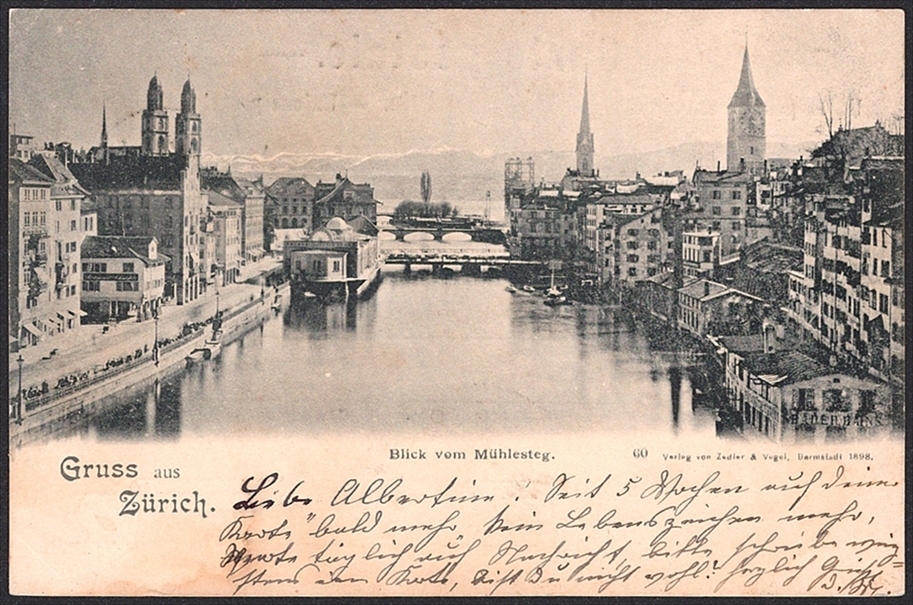 Ansichtskarten, Schweiz, Gruss aus ZÜRICH Blick vom Mühlesteg,1900