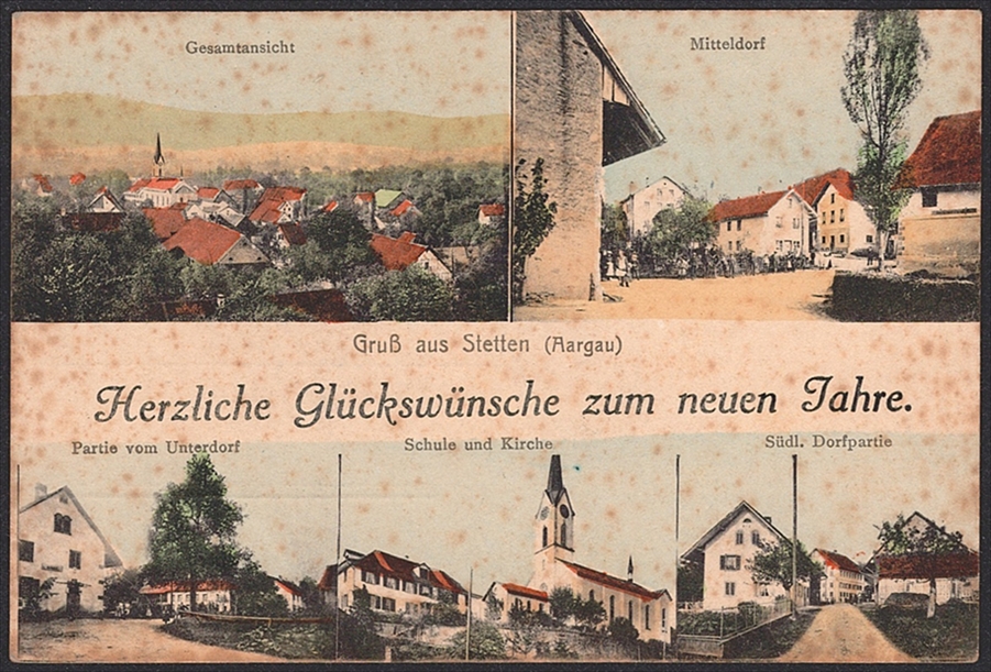 Lithographiekarten, Schweiz, Gruss aus STETTEN, Herzliche Glückwünsche zum neuen Jahr, 5 Bilder, ungebraucht, um 1900, etwas fleckig