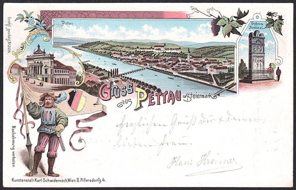 Lithographien, Österreich, Gruss aus PETTAU, 3 Bilder, 1899