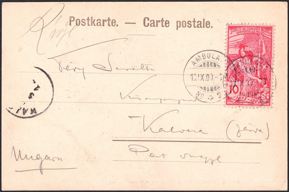 Schweiz 1900 UPU SBK Nr. 78B auf Ansichtskarte "SCHLOSS RAPPERSWIL" mit Abgangsstempel AMBULANT 10.IX.00 nach UNGARN