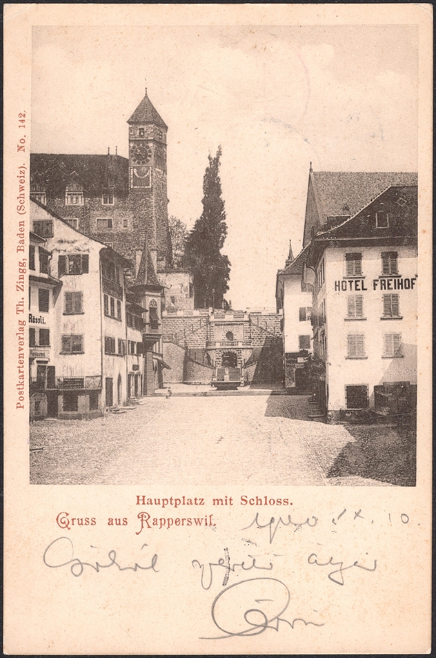 Schweiz 1900 UPU SBK Nr. 78B auf Ansichtskarte "SCHLOSS RAPPERSWIL" mit Abgangsstempel AMBULANT 10.IX.00 nach UNGARN – Bild 2