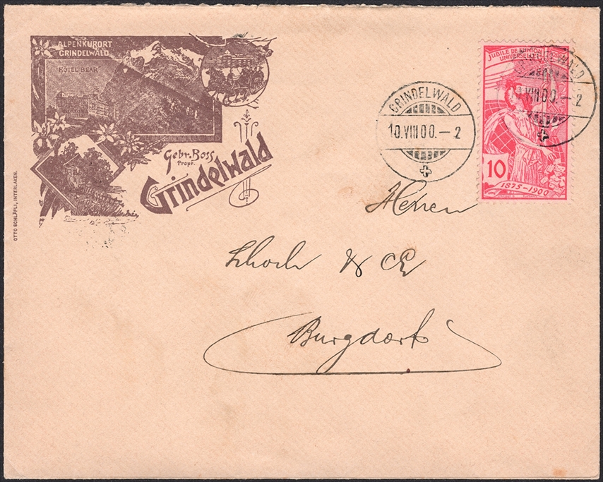 Schweiz 1900 UPU SBK Nr. 78B auf Litho-Brief "ALPENKURORT GRINDELWALD Hotel BEAR" von GRINDELWALD 10.VIII.00 nach BURGDORF - rückseitig Ankunftsstempel 10.VIII.00