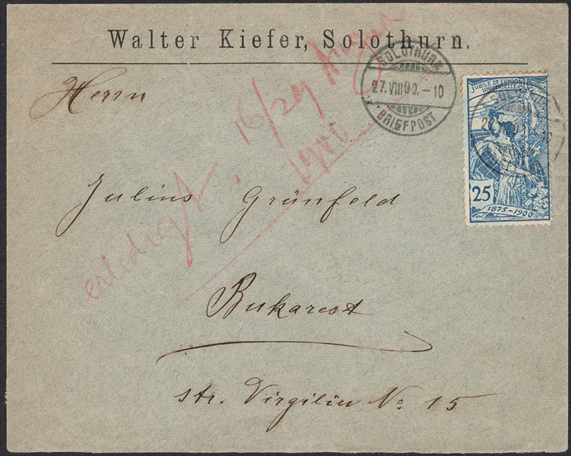 Schweiz 1900 UPU SBK Nr. 79A auf Auslandsbrief von SOLOTHURN 27.VIII.00 nach BUKAREST mit rückseitigem Ankunftsstempel 30.Aug.1900