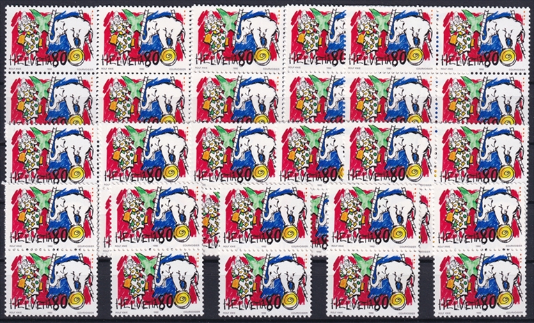 Schweiz 1992 SBK Nr. 834 - 50 x CHF 0.80 "Zirkuswelt - Rolf Knie - Weissclown mit Elefant" postfrisch zum Frankieren