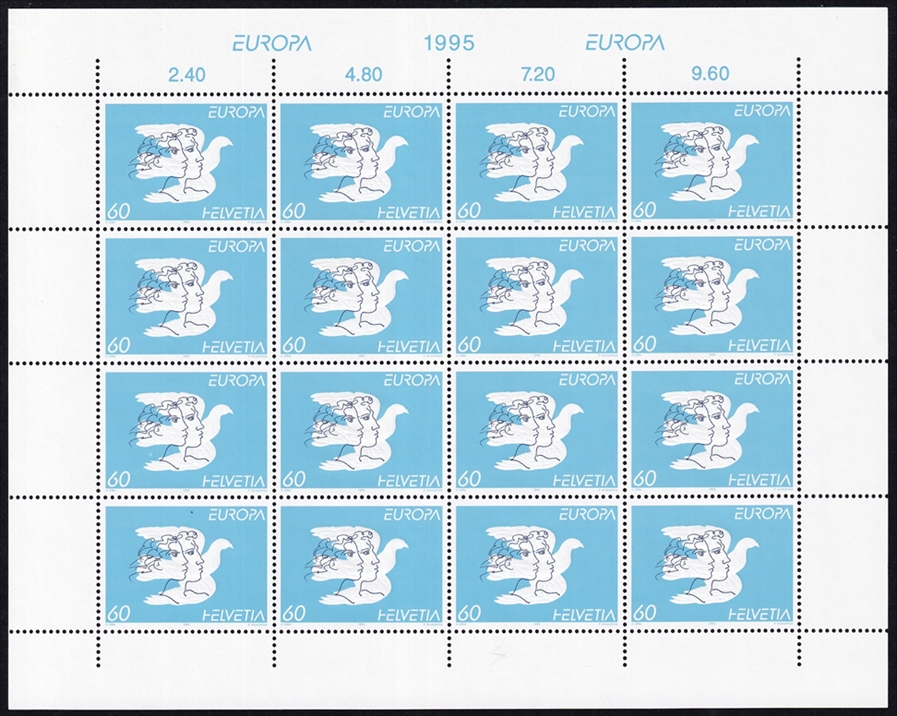 Schweiz 1995 SBK Nr. 880 "EUROPA - Friede" 16er Bogen CHF 0.60er postfrisch zum Frankieren