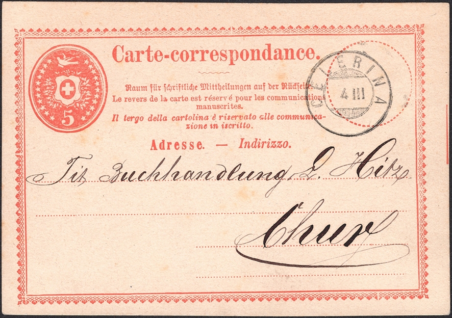 Schweiz, Abstempelungen, Kanton Graubünden, Zwergstempel CELERINA auf 5Rp.Postkarte