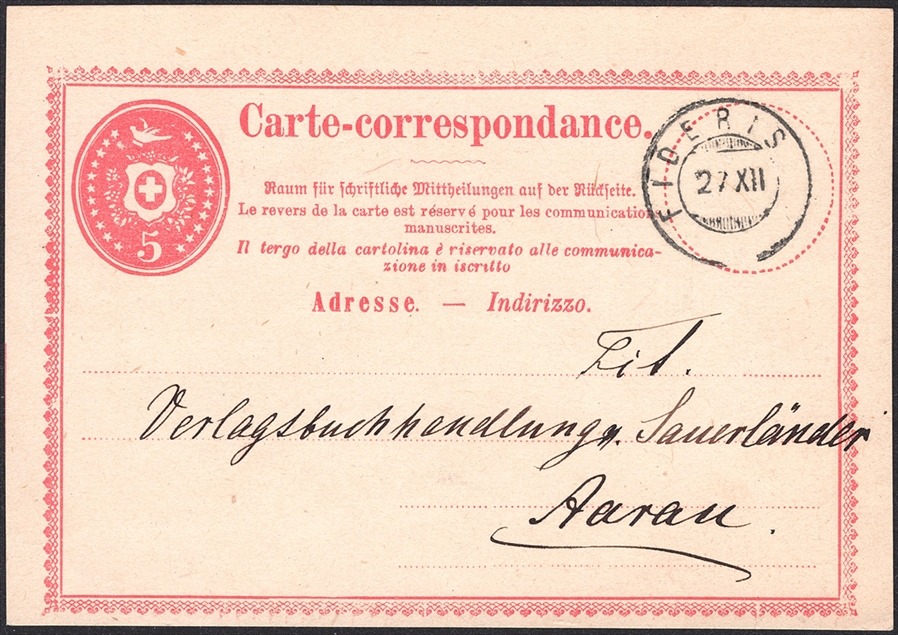 Schweiz, Abstempelungen, Kanton Graubünden, Zwergstempel FIDERIS auf 5Rp.Postkarte